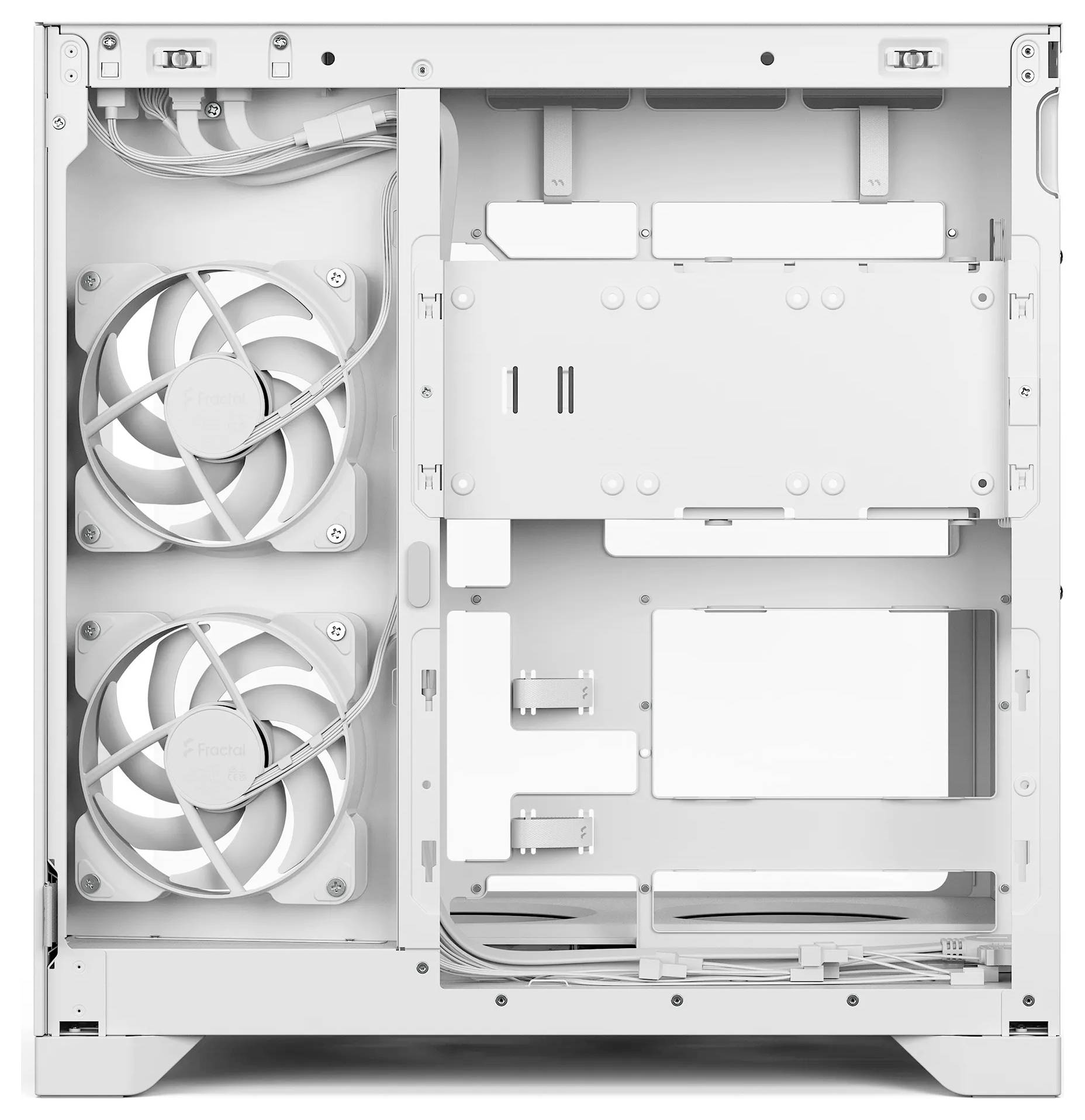 Unutarnji prikaz bijele PC kućišta koje pokazuje dva velika prednja ventilatora, pretince za pogone, usmjeravanje kabela i područje montaže matične ploče.
