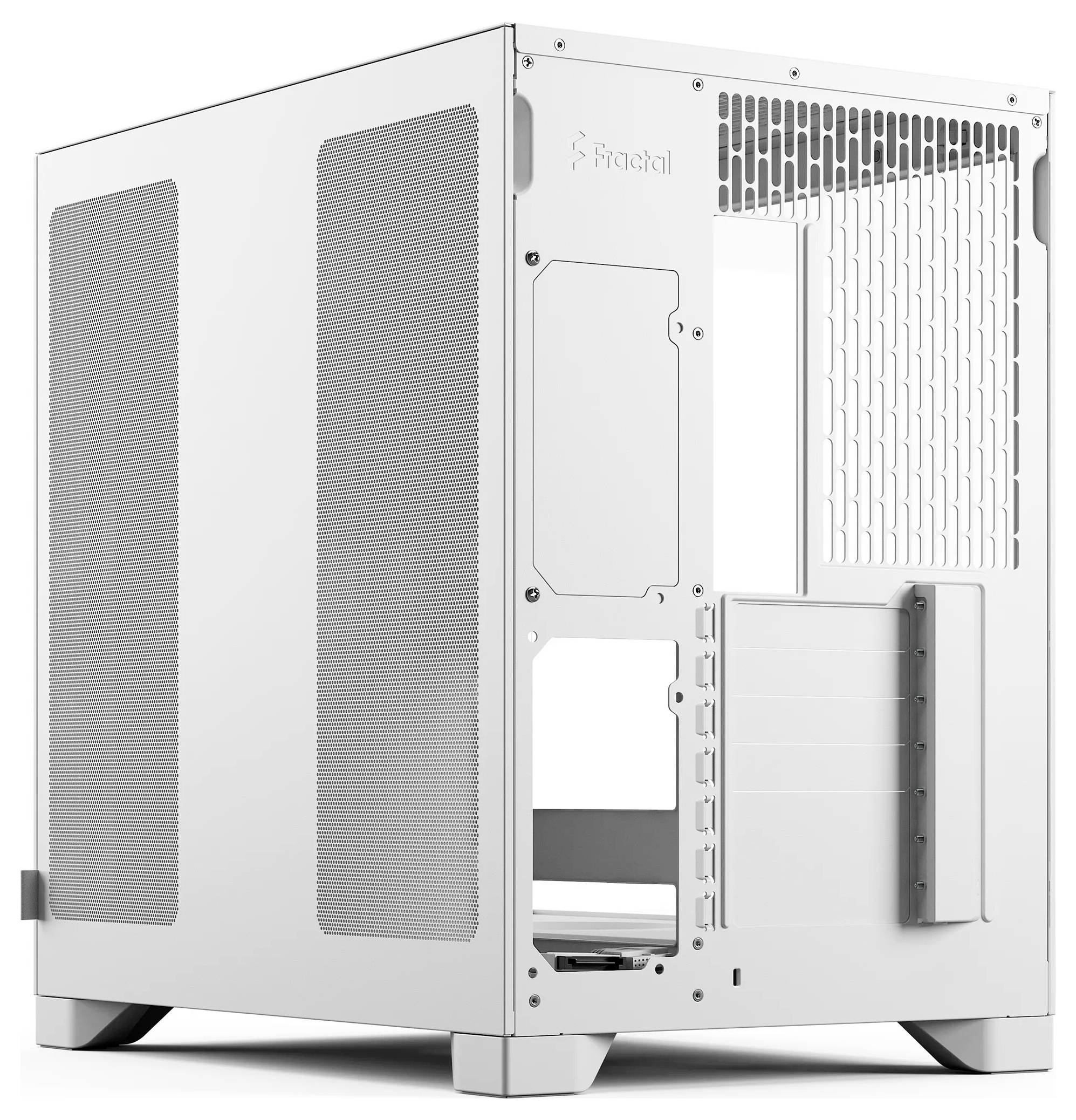 Bijelo kućište za računalo Fractal Design u obliku fraktala prikazano sa stražnje strane, sa mrežastim panelima i više utora za proširenja.