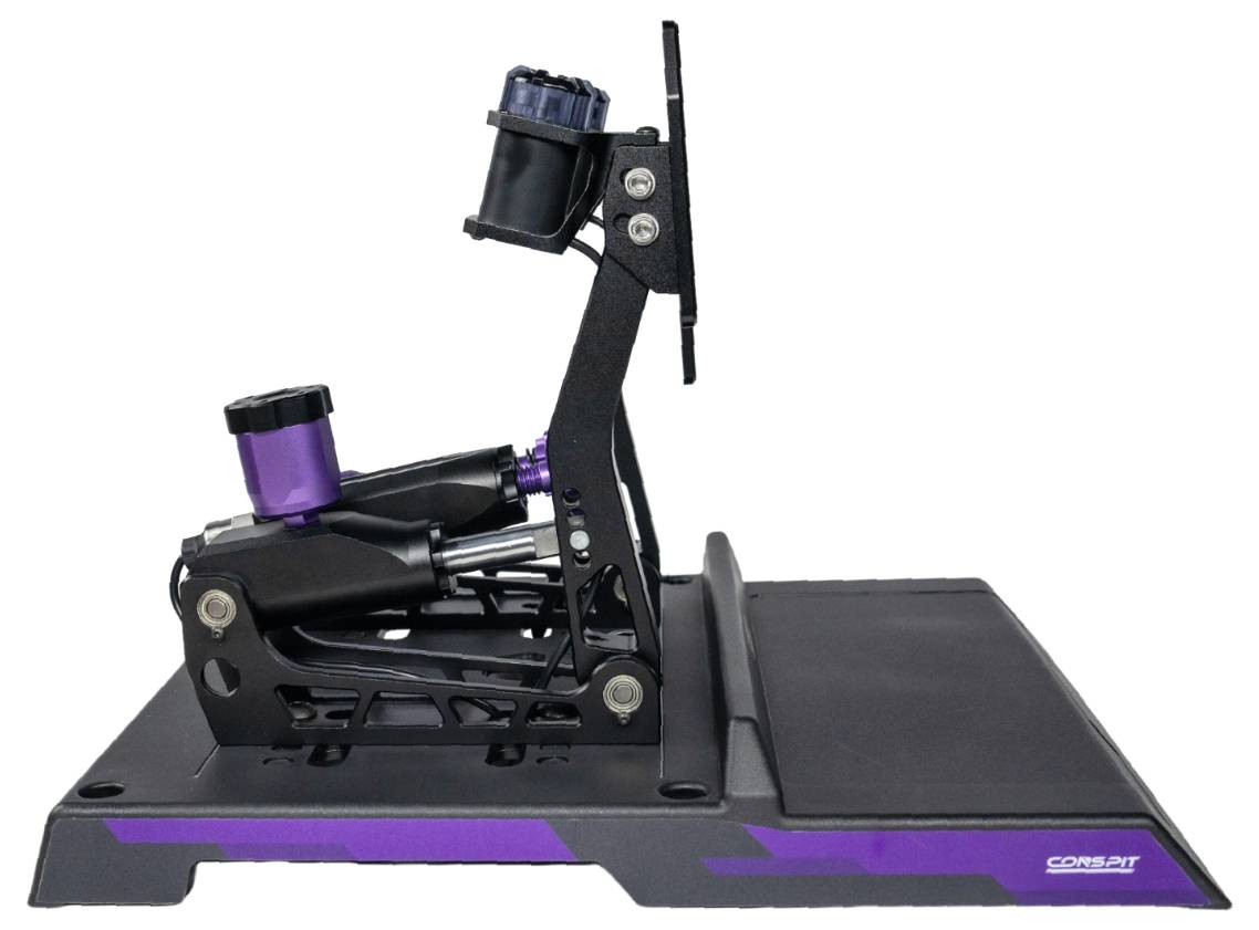 Crna i ljubičasta osnova računalne simulatora leta sa postavljenom polugom i kontrolom u stilu pedalnog nožnog upravljača na platformi.