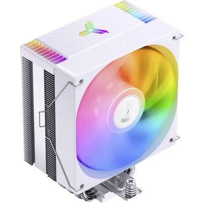 Bijeli hlađač za računalo s hladnjakom i duginim RGB ventilatorskim lopaticama, prikazan u 3D prikazu u stilu proizvoda.