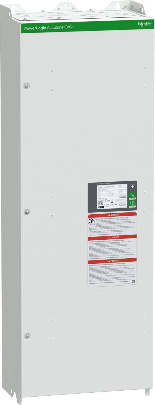 Visoki bijeli Schneider Electric PowerLogic AccuSine EVC kabinet s prednjim zaslonom i upozorenjima na etiketi, prikazan u studio prikazu.