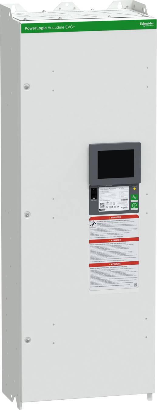 Bijela Schneider Electric PowerLogic razvodna ormarična s digitalnim zaslonom i upozoravajućom naljepnicom, prikazana s prednje strane.