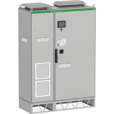 Siva industrijska električna kontrolna ormarić sa dva odjeljenja, prednja vrata, paneli za prikaz, ventilacijski otvori i upozorenja naljepice.