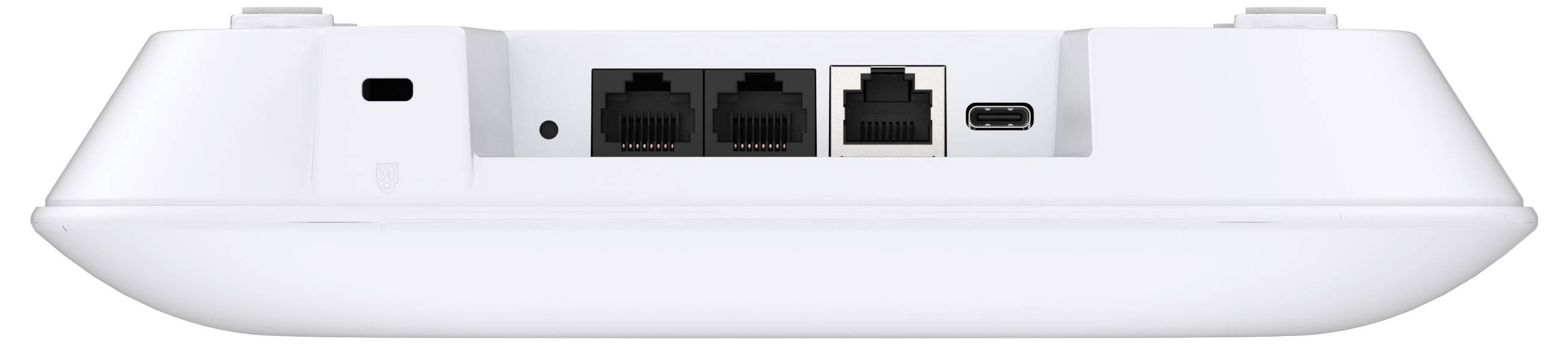 Pogled sa leđa bijelog bežičnog usmjerivača koji prikazuje priključke za Ethernet, telefon, USB-C napajanje i gumb za resetiranje.