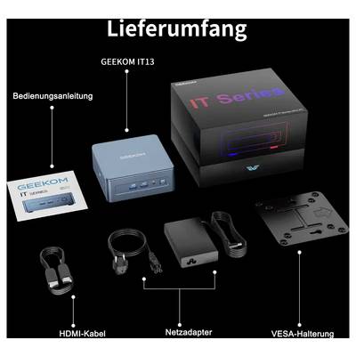 Pregled sadržaja proizvoda za GEEKOM IT13: uputstvo za korisnike, mini PC, HDMI kabel, adapter za napajanje i VESA nosač, prikazani s kutijom za maloprodaju.