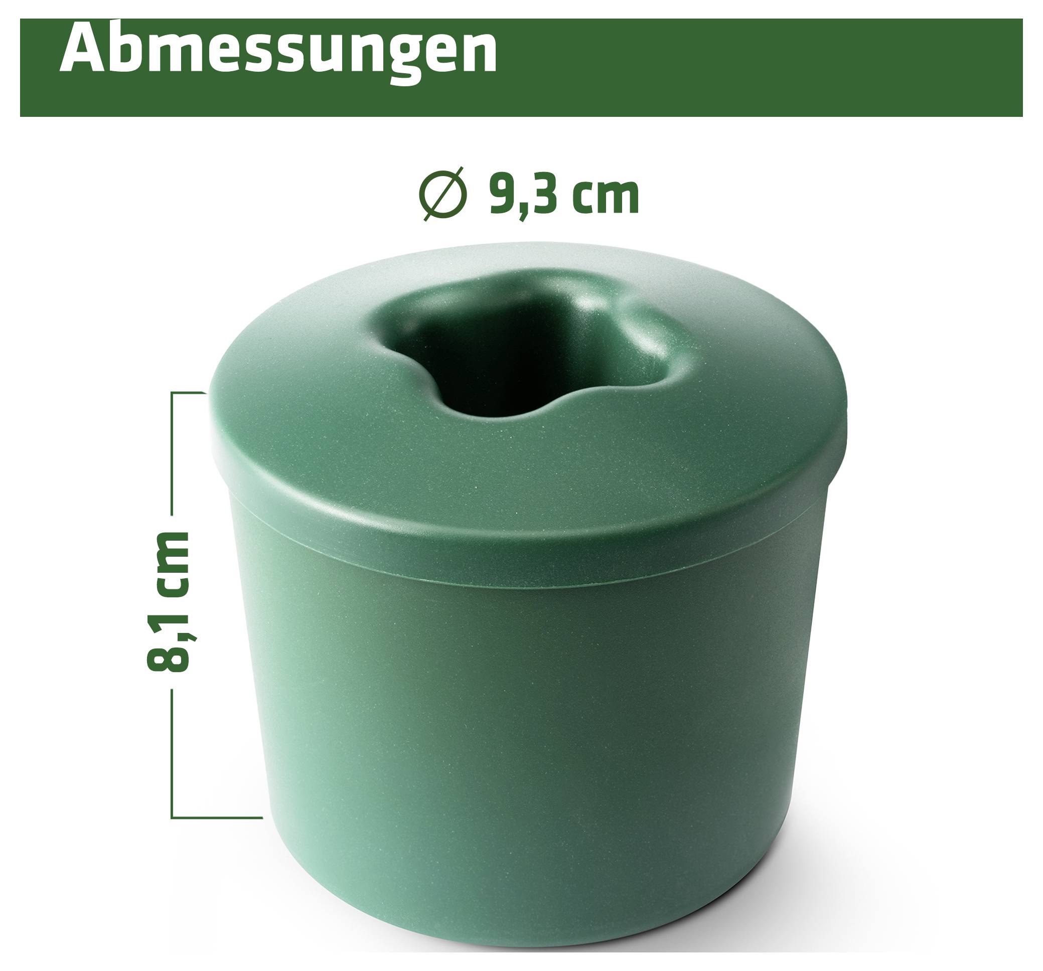Slika s mjerama zelenog spremnika: promjer 9,3 cm, visina 8,1 cm.