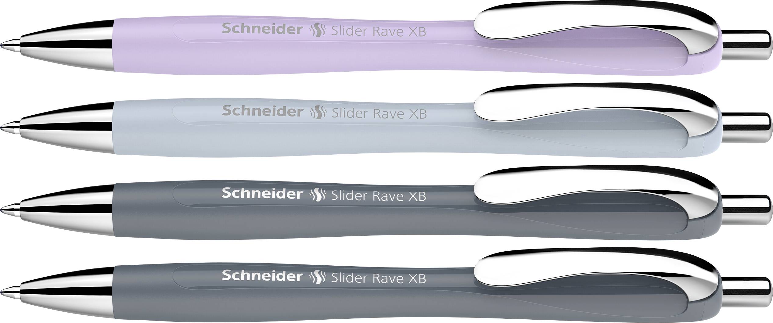 Četiri Schneider Slider Rave XB retraktilne olovke u bijeloj, svjetloplavo-plavoj, tamnosivoj i crnoj boji, prikazane naslagane vodoravno.