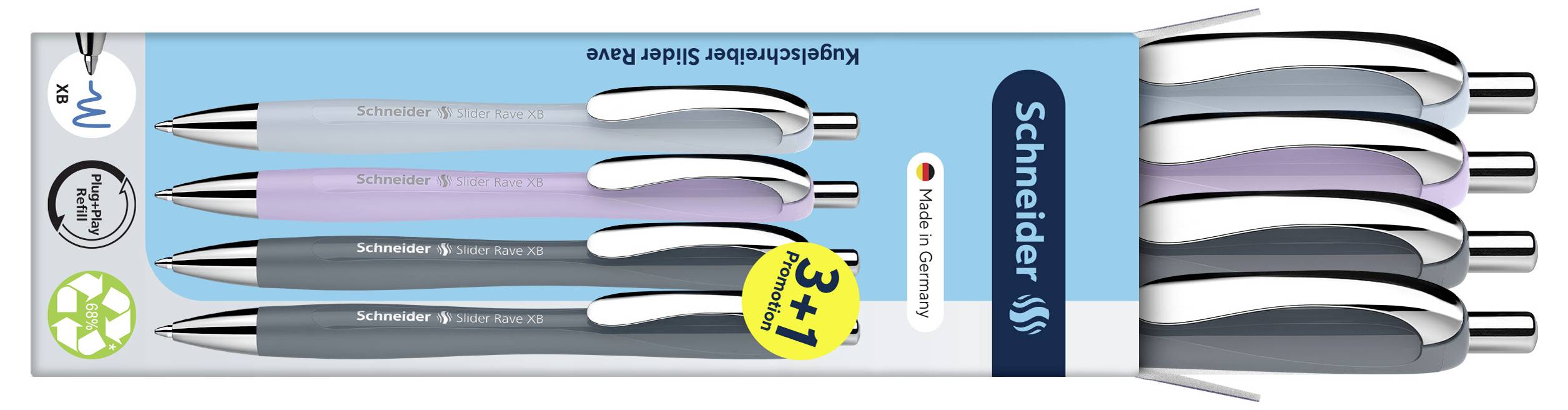 Promotivna slika Schneider Kugelschreiber Slider 755 kemijskih olovaka u više boja, prikazana s bejdžom ponude '3+1' i ikonama recikliranja.