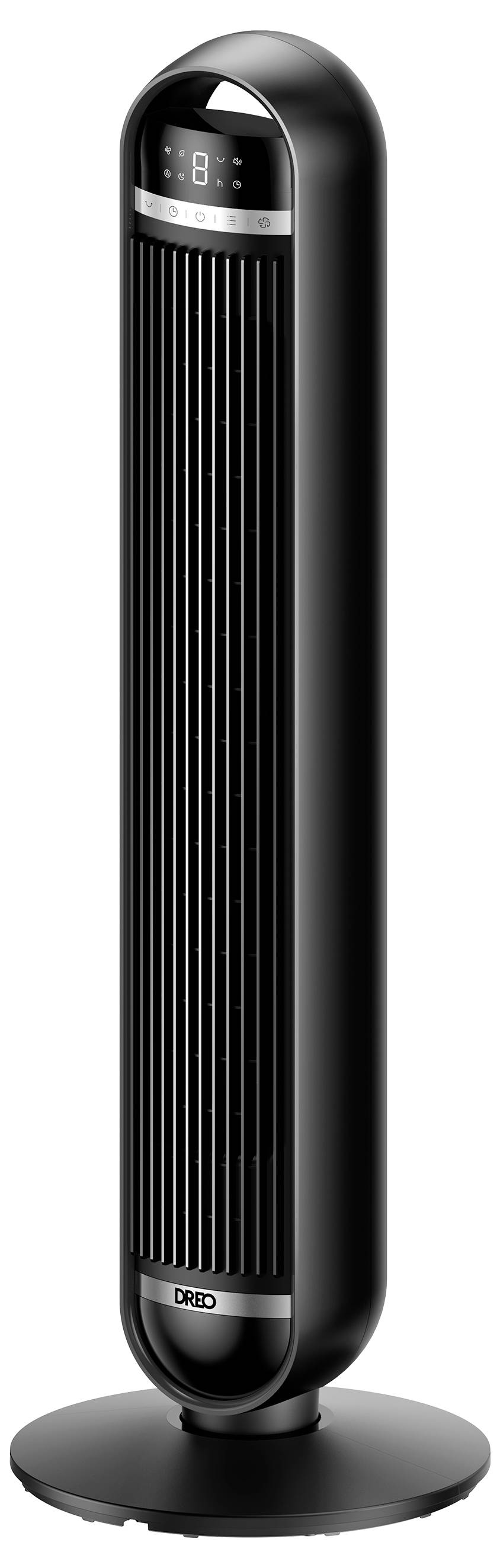 Crni DREO ventilator u obliku tornja na okrugloj podlozi, s digitalnim zaslonom blizu vrha.
