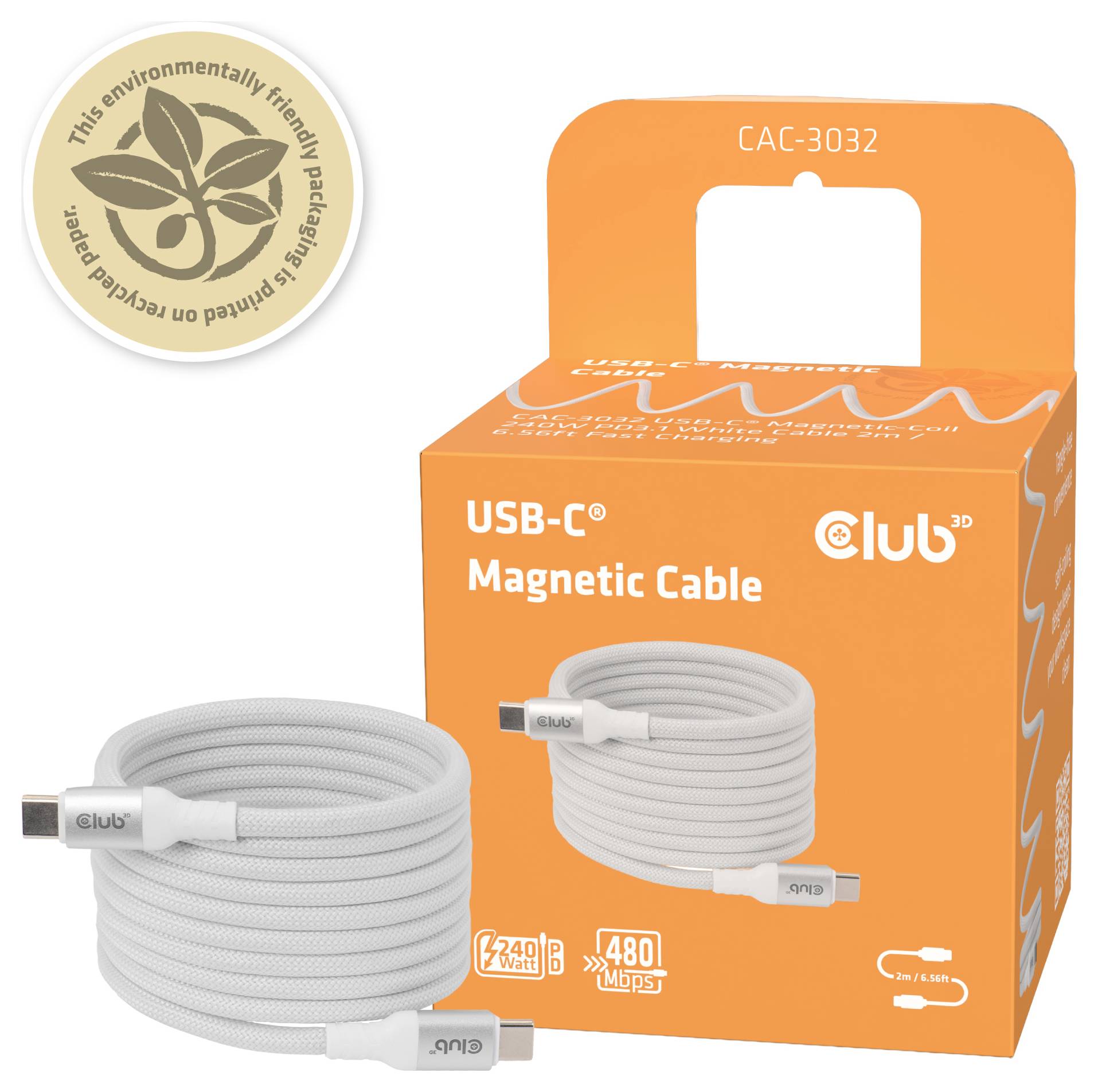 club3D USB-C kabel USB-C® utikač 2 m bijela CAC-3032-6