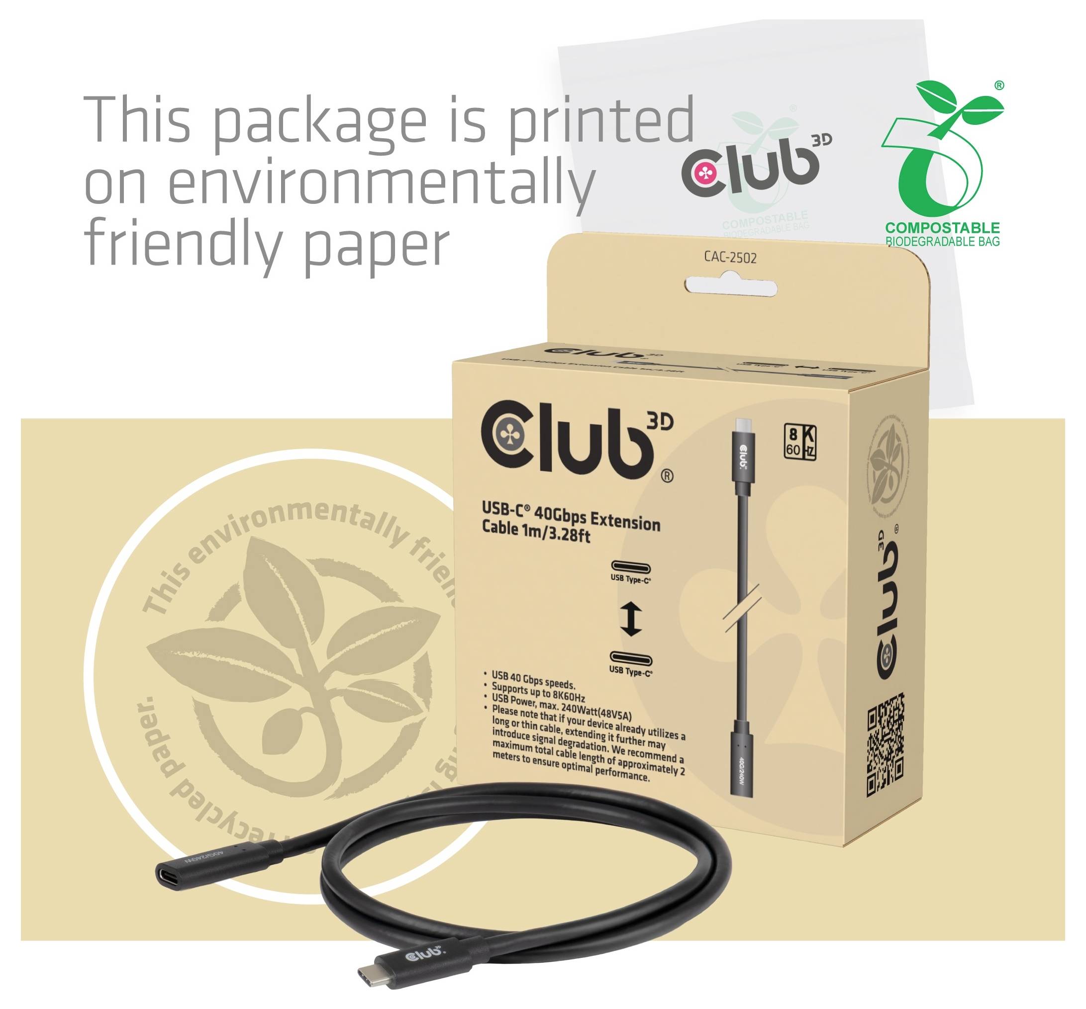 Slika proizvoda koja prikazuje Club 3D USB-C 4K60bps produljnu kabelsku vezu u reciklabilnoj papirnastoj ambalaži označenoj kao ekološki prihvatljiva i kompostabilna biorazgradiva vrećica.
