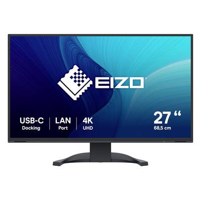 EIZO 27-inčni 4K UHD monitor s USB-C dokingom i LAN portom, prikazan u frontalnom prikazu na postolju.