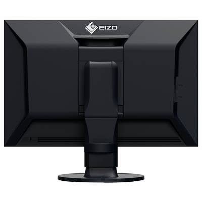 Pogled sa stražnje strane crnog računalnog monitora EIZO na postolju, prikazujući logo i područje za upravljanje kabelima.