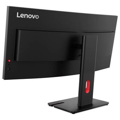 Pogled iz pozadine crnog Lenovo desktop monitora na stalku, prikazujući stražnju ploču, logo i kontrolne gumbe.