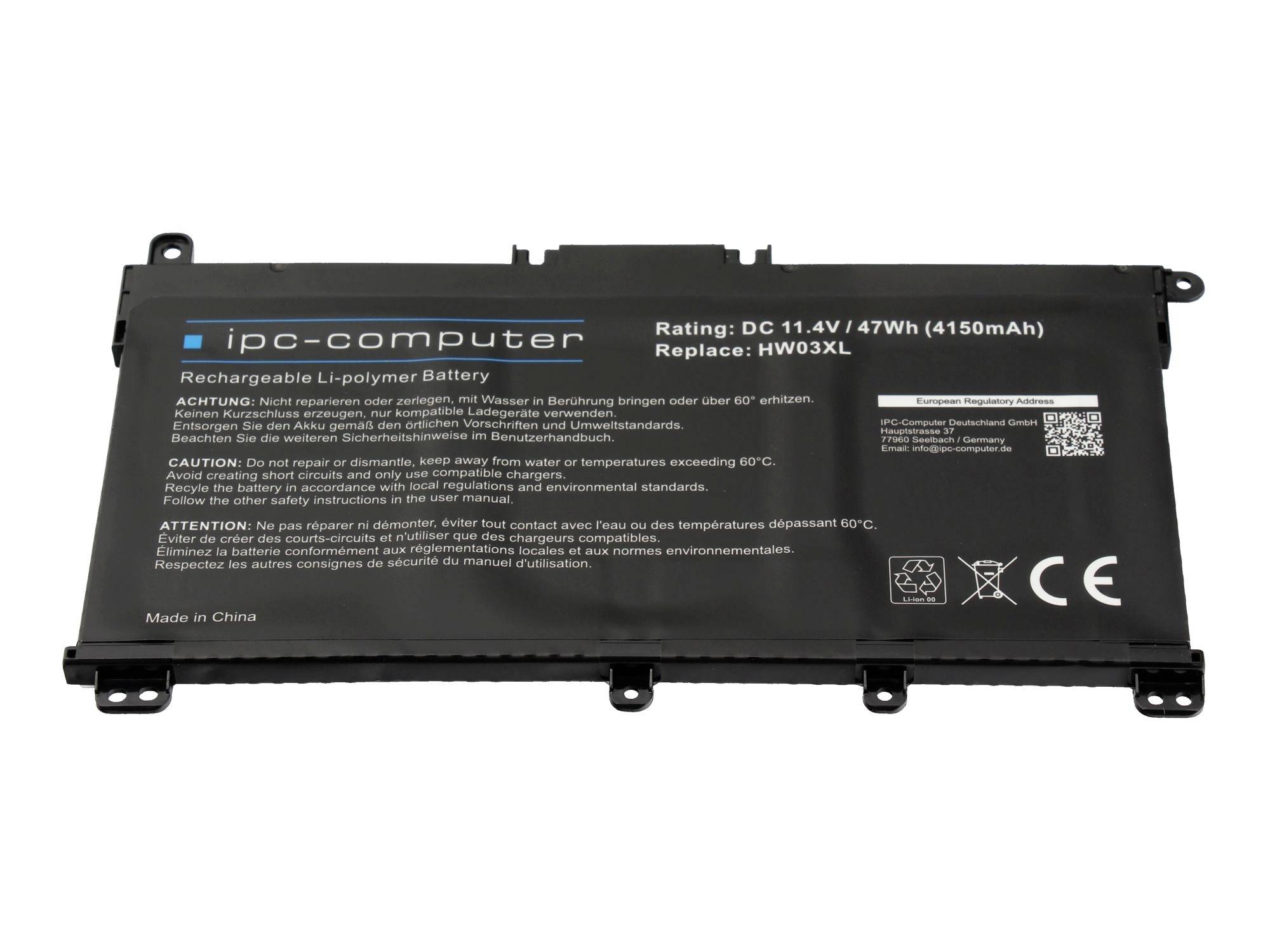 Crna iPC-računalna punljiva litij-polimerna baterija, označena 11.4V 47Wh (4150mAh) i zamjenski model HW03XL.