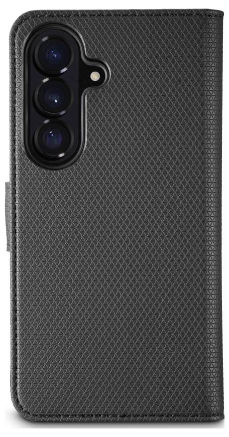 Crni teksturirani futrola za smartphone sa preklopom za trostruku kameru i bočnom kopčom, prikazan zatvoren na bijeloj podlozi.