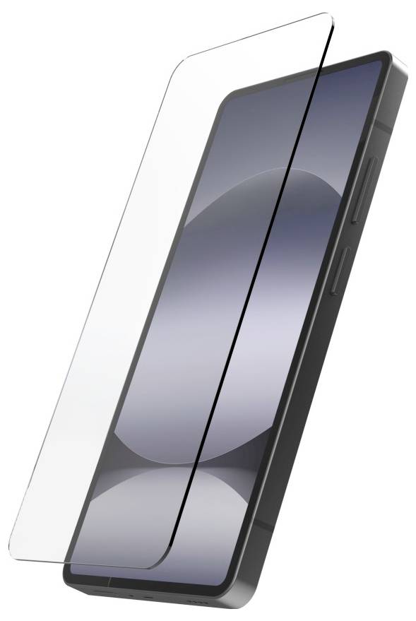 Crni pametni telefon prikazan pod kutom s jasnom zaštitom ekrana poravnatom preko zaslona.
