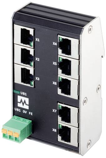 Industrijski Ethernet prekidač s osam RJ45 priključaka označenih X1 do X8 i zelenim blokom terminalnih polova za napajanje na prednjoj strani.