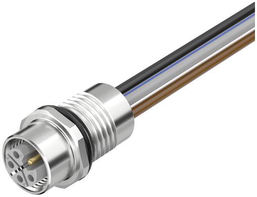 Close-up od metalnog kružnog utičnica s tri obojene žice koje se pružaju od njega na bijeloj pozadini.