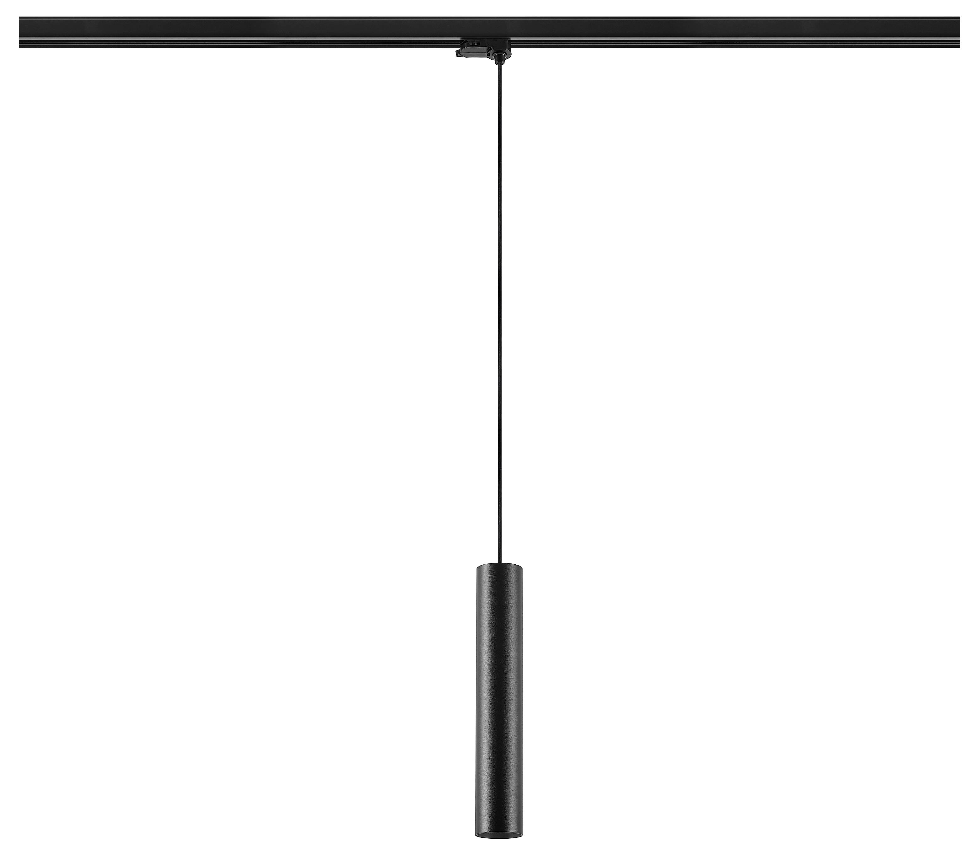 Crna cilindrična viseća lampa s galjačem koja visi sa stropnog kolosiječka, prikazana izolirano na bijeloj pozadini.