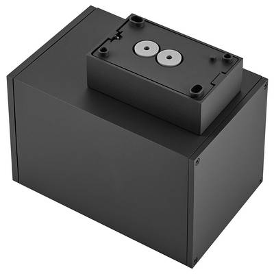 Crni pravokutni elektronički uređaj s manjim modulom montiranim na vrhu i dva kružna priključka, prikazan na bijeloj pozadini.
