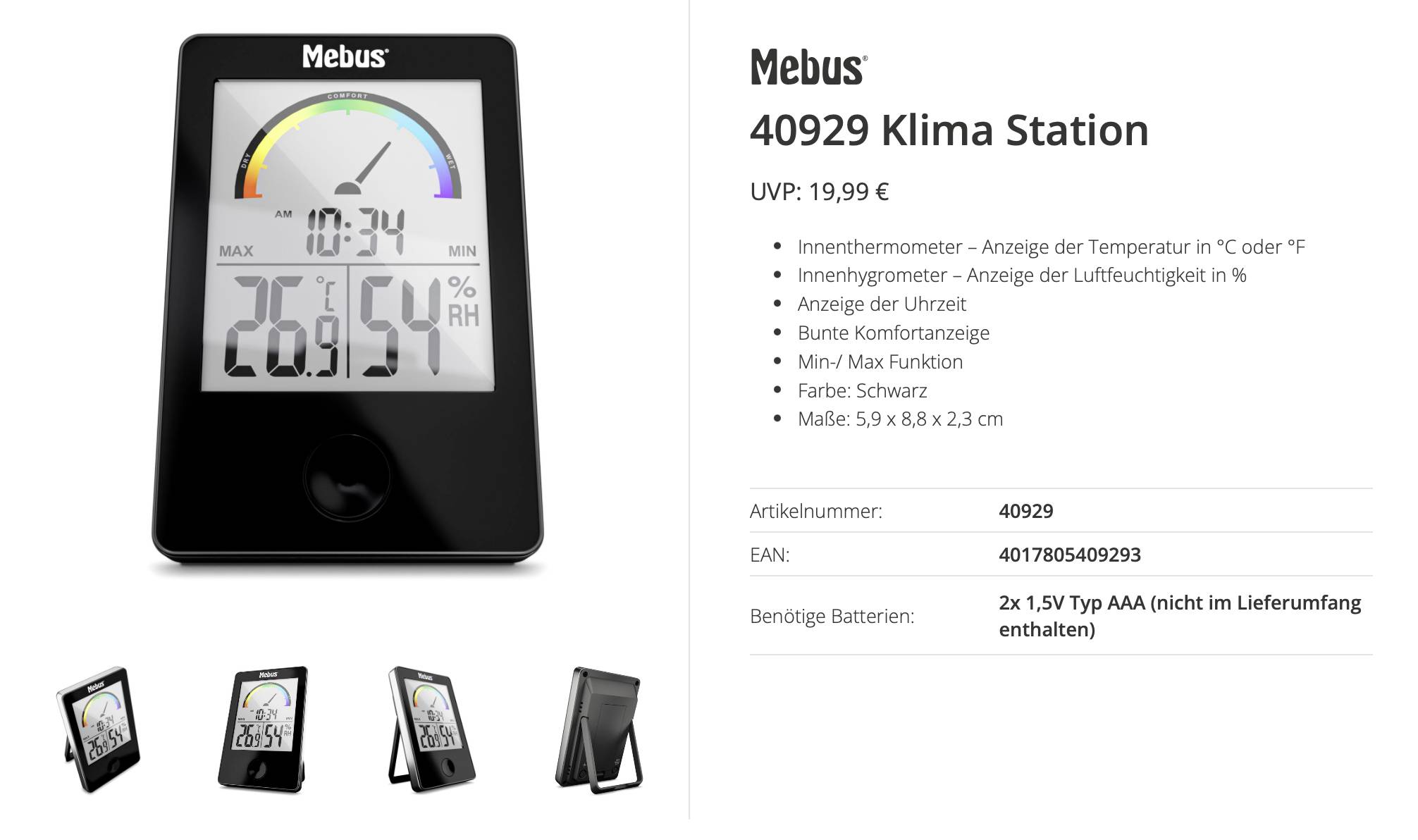 Mebus 40929 klimatska stanica koja prikazuje sobnu temperaturu, vlagu zraka i vrijeme; slika proizvoda s njemačkim specifikacijama i cijenom desno.
