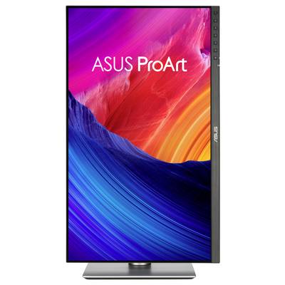 ASUS ProArt računalni monitor sa živahnom apstraktnom prikazu u plavoj, crvenoj, ružičastoj i narančastoj boji i ASUS logotipom na okviru.