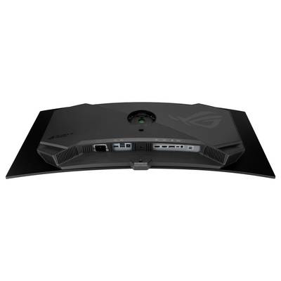 Stražnja strana ASUS ROG monitora s centralnom montažom stalka, kablovski priključcima, ventilacijskim otvorima i ROG logotipom na stražnjoj ploči.