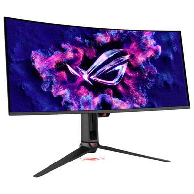 Zakrivljeni gaming monitor na postolju, prikazuje ROG logotip preko ružičasto-plavog kosmičkog stila pozadine.
