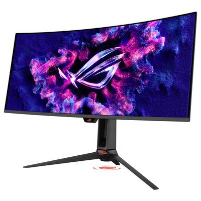 Zakrivljeni gaming monitor koji prikazuje ROG logotip na živahnoj apstraktnoj pozadini u ružičastoj i plavoj boji, prikazan na stalku s tri kosa noga.