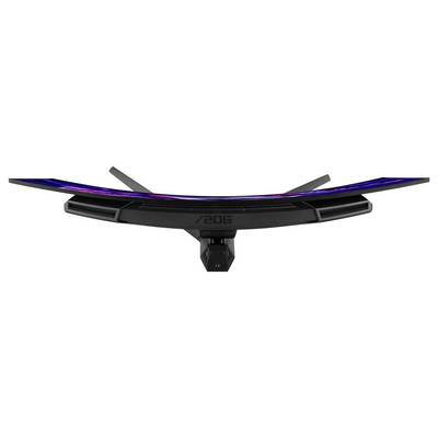 Elegantna crno-plava zakrivljena baza za gaming monitor s centralnom nosačem i kutastim nogama na bijeloj pozadini.