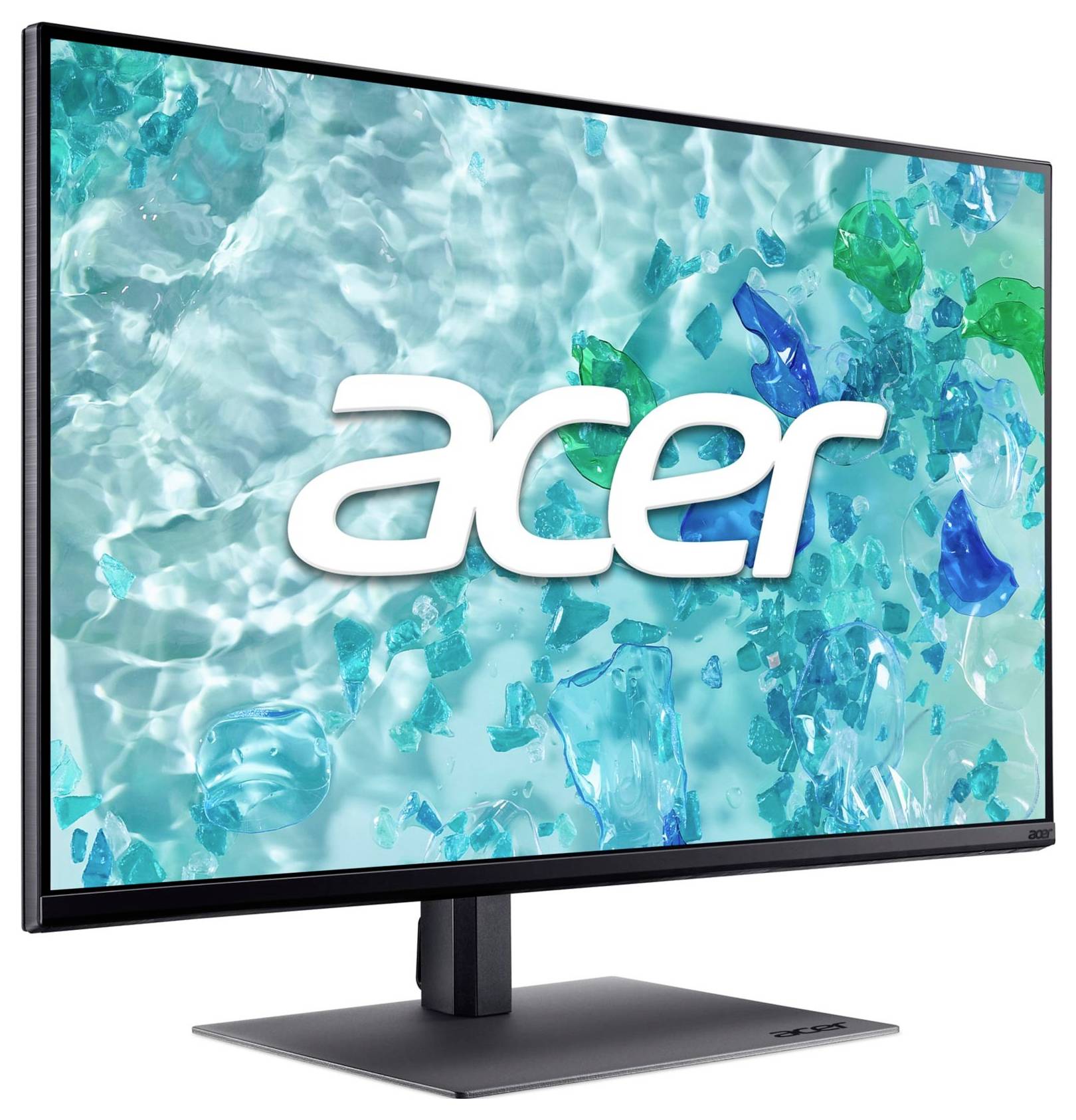 Acer računalni monitor na postolju koji prikazuje plavu apstraktnu pozadinu s logom Acera.