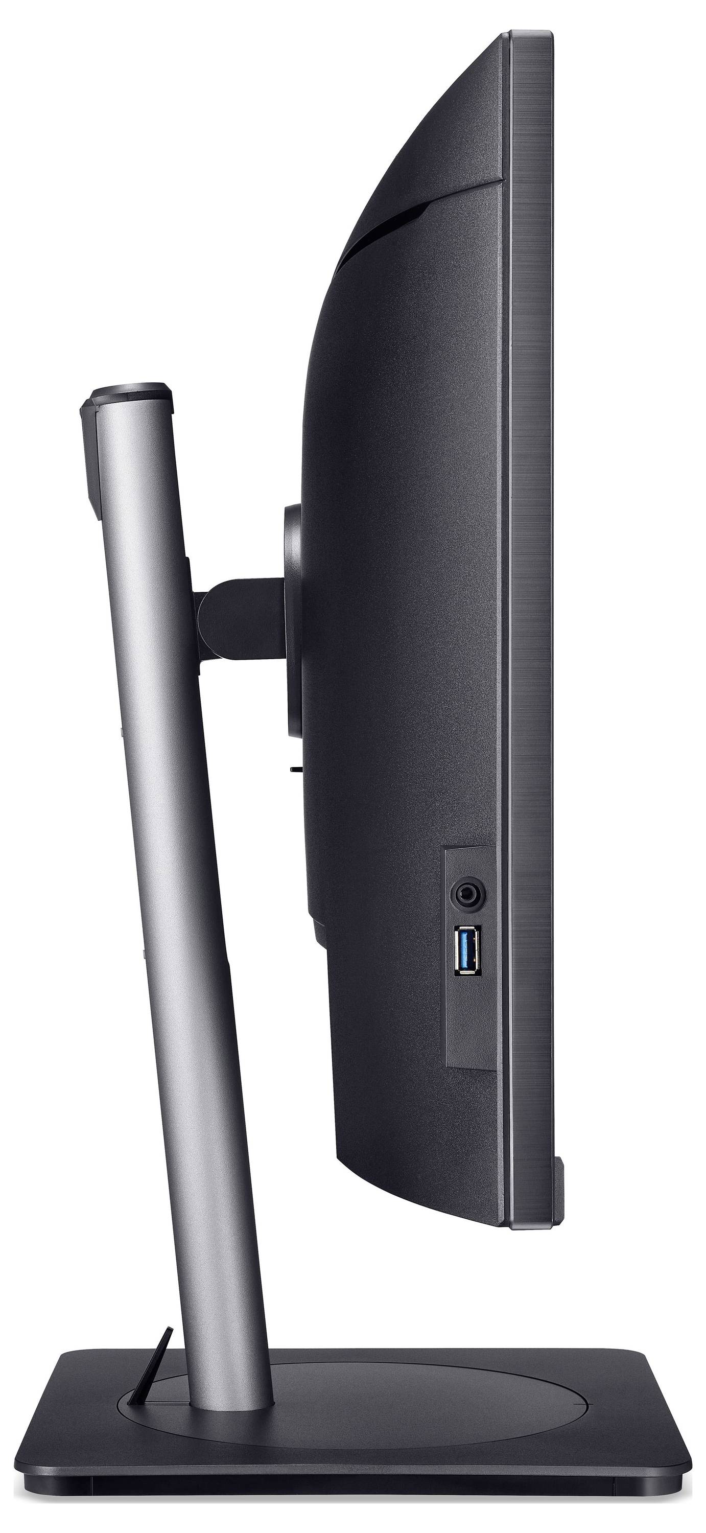 Bočni pogled crnog stolnog monitora na postolju, koji prikazuje profil zaslona i bočni USB port.