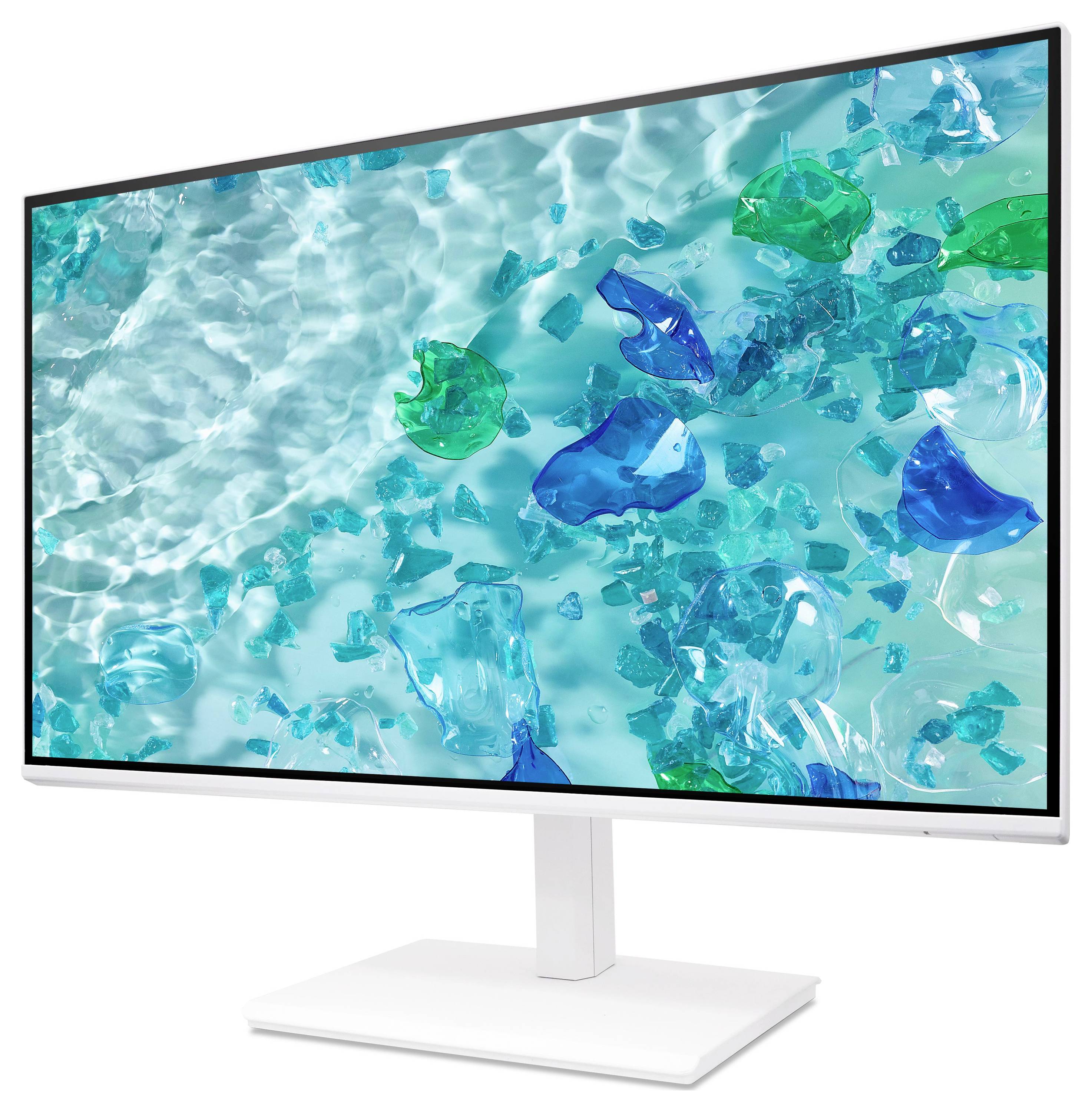 Bijeli ravni monitor sa LCD panelom koji prikazuje apstraktni plavo-zeleni uzorak sličan vodi na ekranu, postavljen na bijeloj postolju.