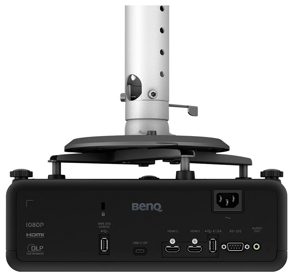 Stražnji pogled na BenQ 1080p DLP projektor montiran na stropnu zagradu, prikazujući priključke za struju, HDMI, USB, RS-232 i audio priključke.