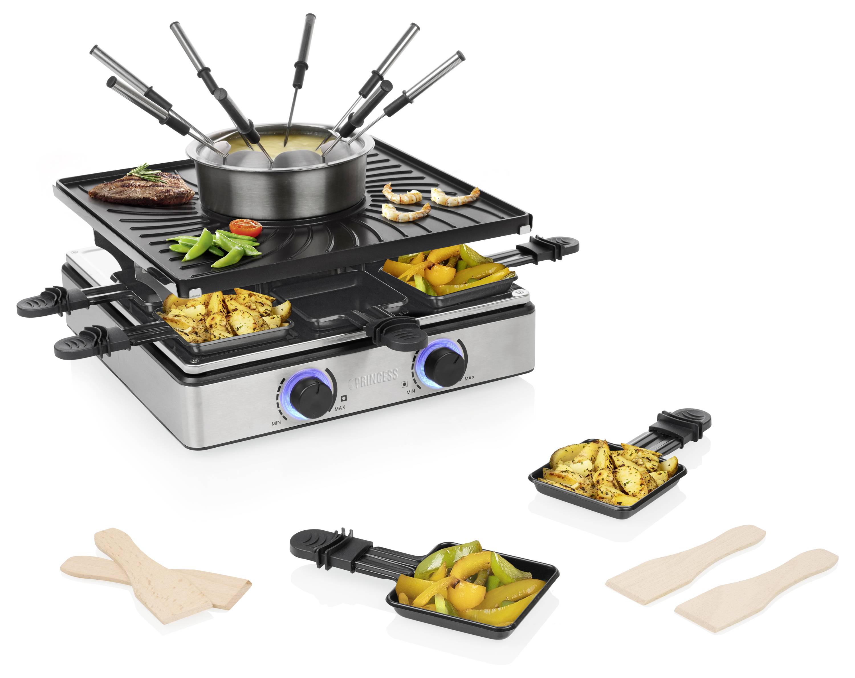 Višeslojni električni roštilj i raclette set s loncem za fondue, raznjićima i malim tignjima s kuhane hrane prikazani na bijeloj pozadini.