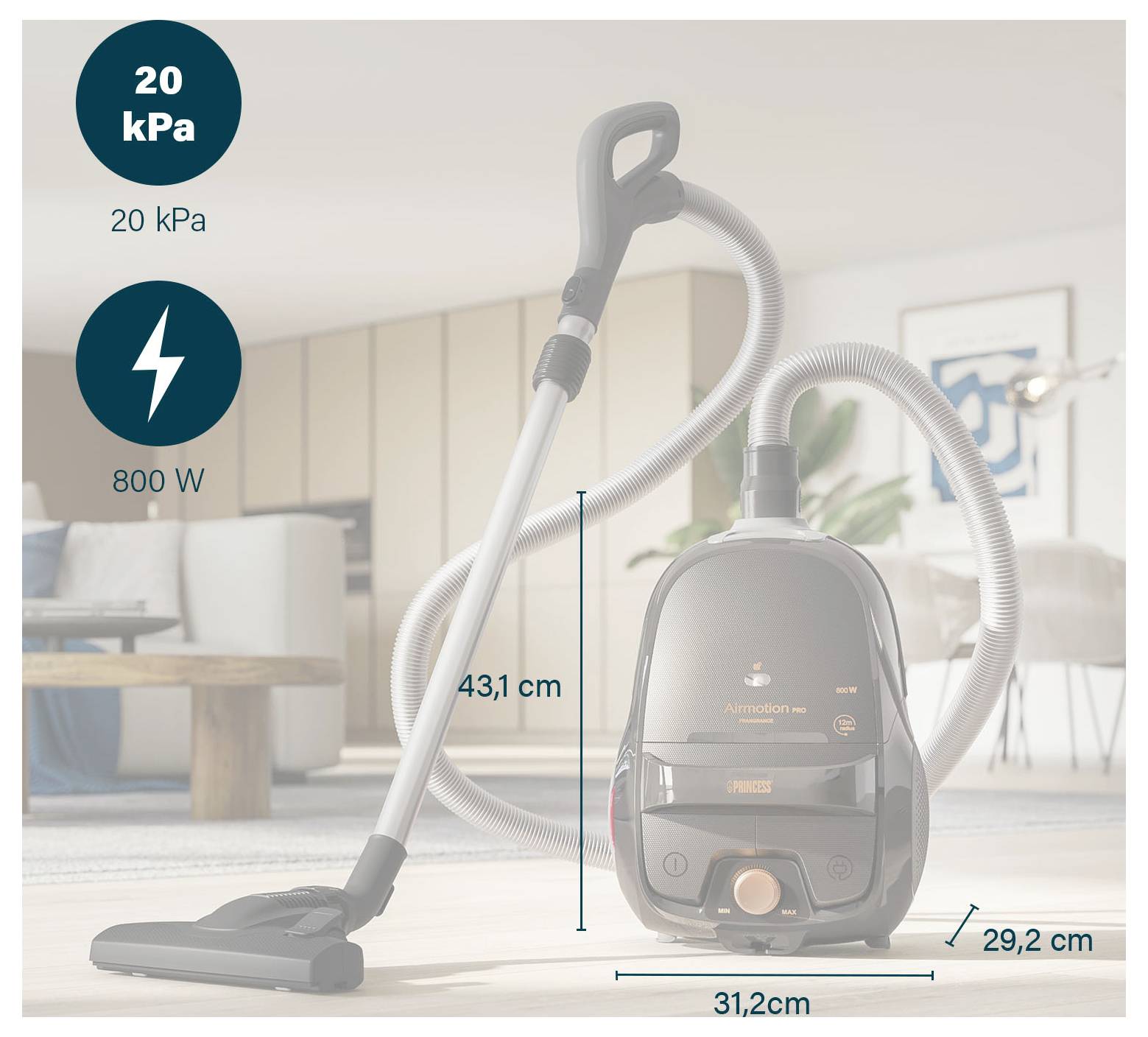 Usisavač sa crijevom i podnom nastavkom, označen sa 20 kPa i 800 W; prikazane dimenzije: visina 43,1 cm, širina 31,2 cm, dubina 29,2 cm.