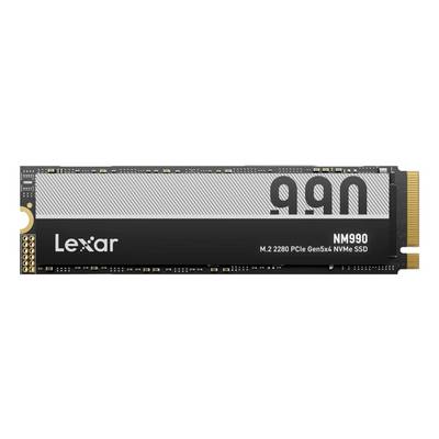 Lexar NM990 M.2 2280 PCIe Gen5x4 NVMe SSD prikazan na slici proizvoda, s crnom i srebrnom hladnjačom na vrhu i pozlatnom rubom konektora.