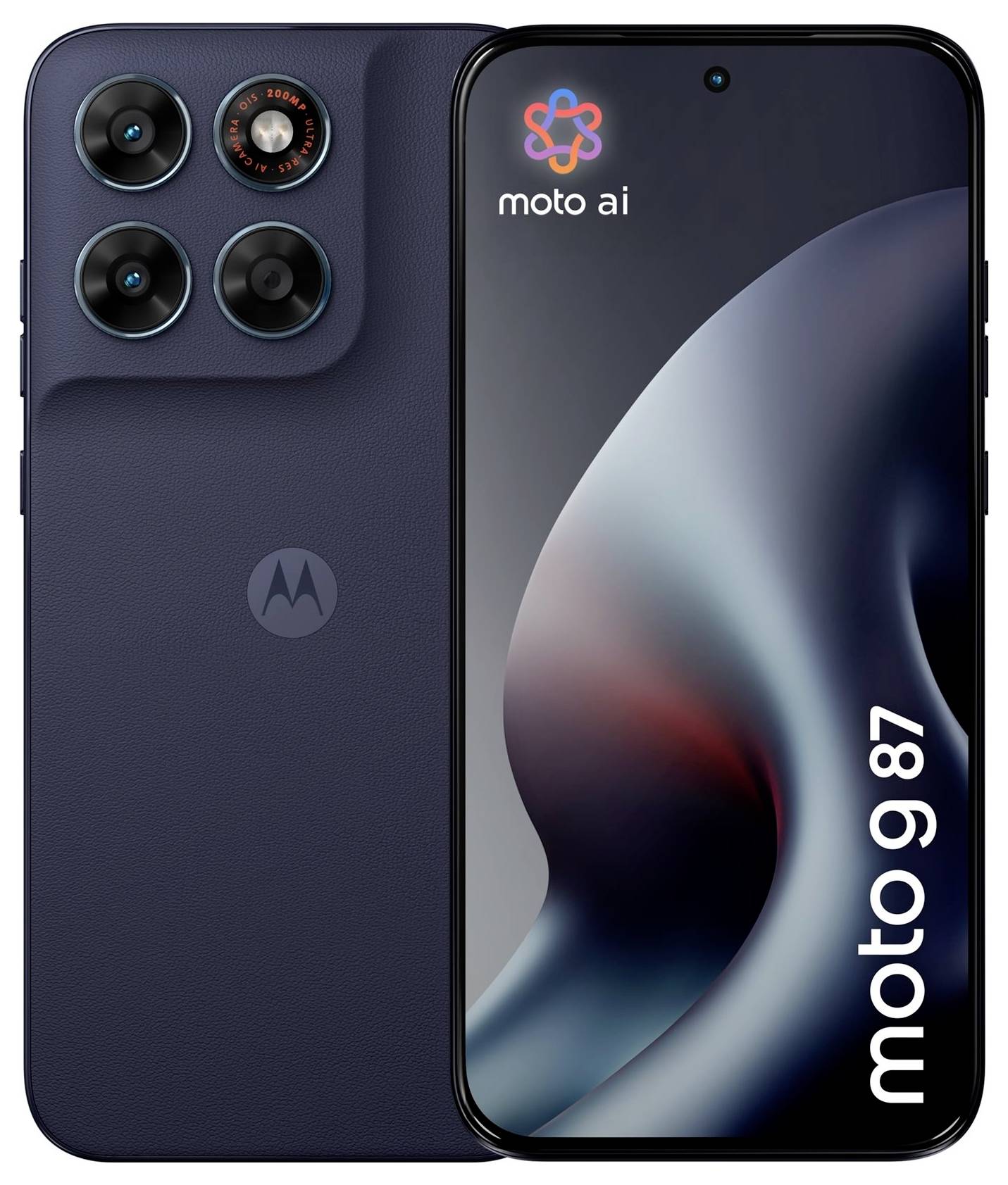 Motorola Moto AI pametni telefon prikazan спредnjе i straga, tamnomodra/purpurna boja s trostrukim stražnjim kamerama i 'moto ai' brendiranjem na zaslonu.