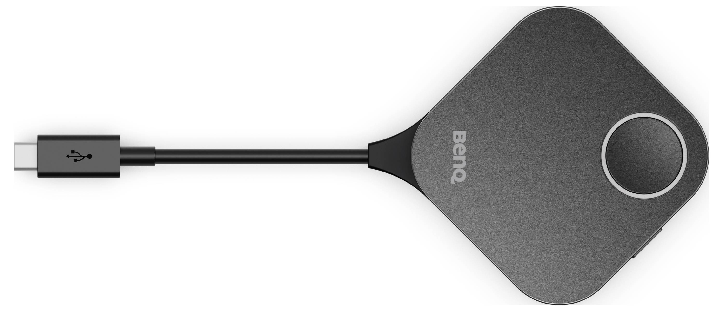 BenQ USB-C adapter hub s priloženim kablom i okruglom gumbom ili indikatorom priključka na sivom kvadratnom uređaju