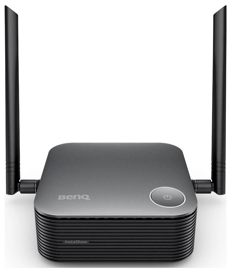 Crni BenQ InstaShow bežični uređaj za prezentacije s dvije uspravne antene i gumbom za napajanje na vrhu.