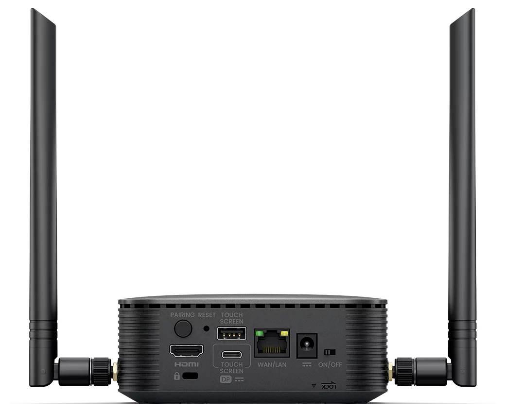 Zadnji pogled na crnog rutora s dvije visoke antene i priključcima označenim s HDMI, USB, WAN/LAN, napajanje i dodirni zaslon.