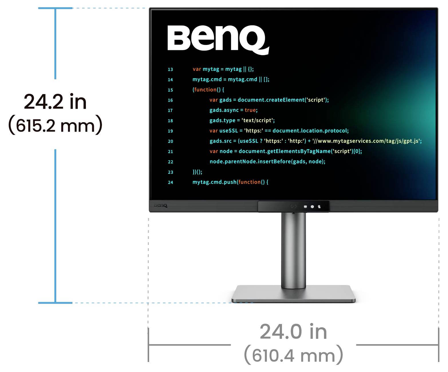 BenQ monitor prikazan od sprijeda s dimenzijama: 24,2 in visine i 24,0 in širine.