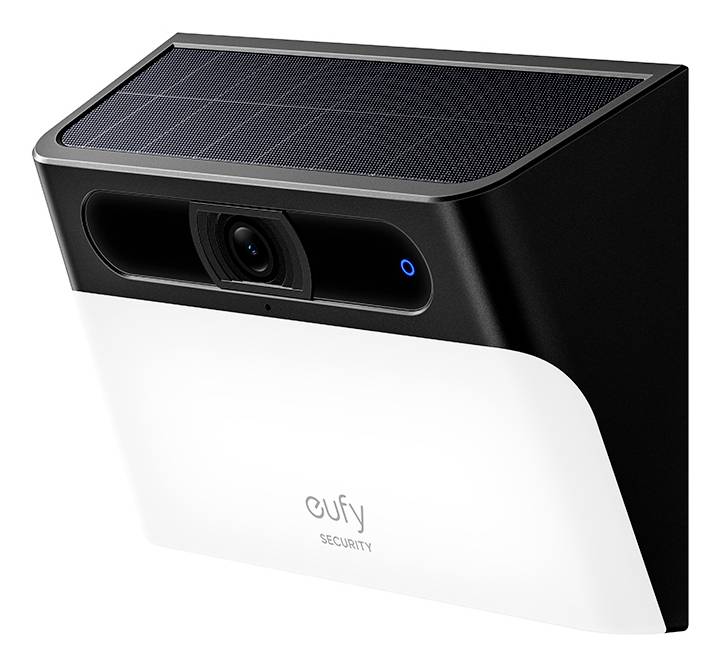 Eufy Security vanjska kamera sa solarnim panelom na vrhu, crno-bijelim kućištem i centralnom lećom s plavom indikatorskom svjetlošću.