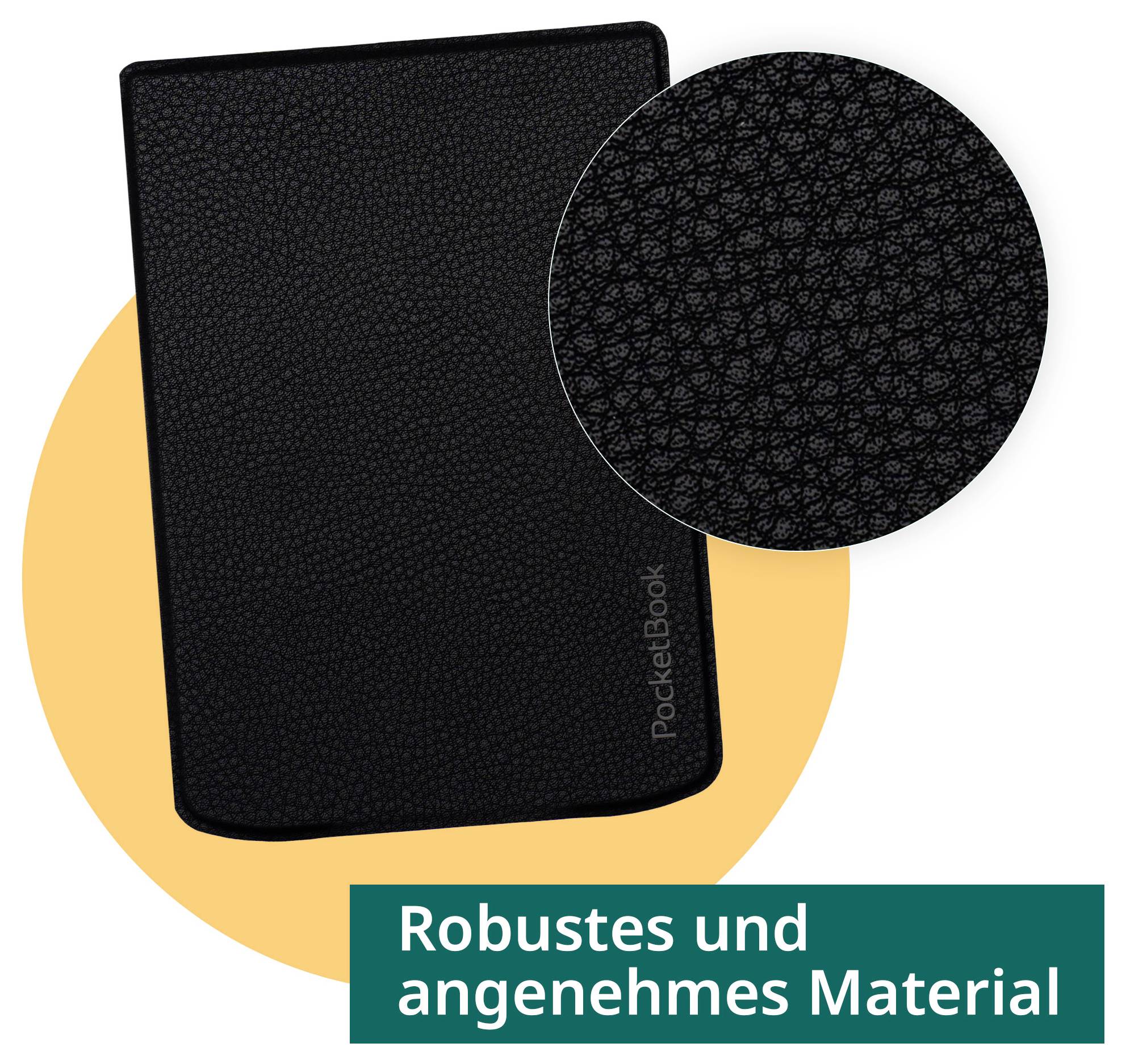 Crna PocketBook poklopac e-čitača s tekstuiranim materijalom, prikazan s uvećanim prikazom teksture i njemačkim tekstom 'Robustes und angenehmes Material'.