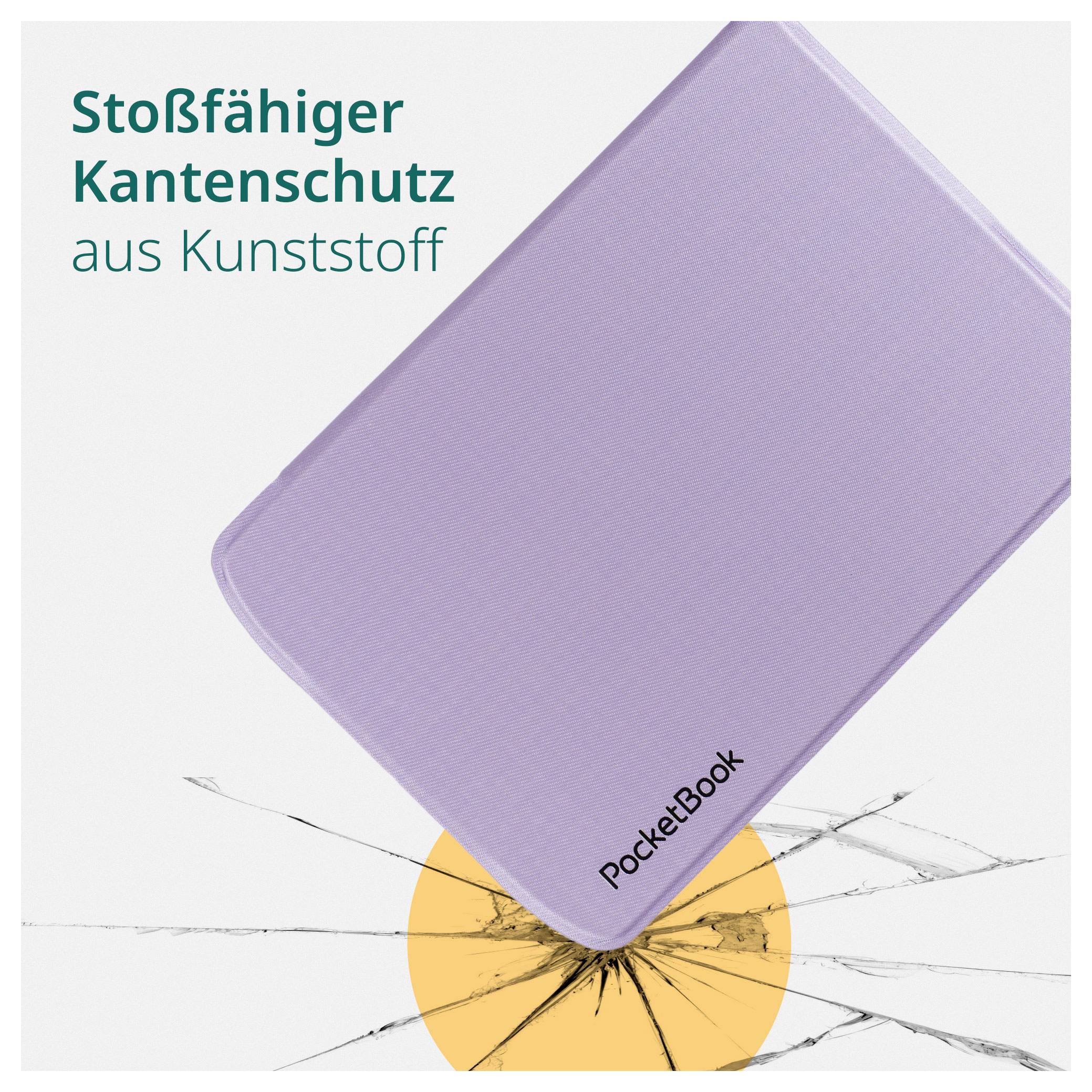 Purple PocketBook e-reader prikazan dijagonalno, zaštićen jačom zaštitom rubova od plastike; njemački tekst glasi 'Stoßfähiger Kantenschutz aus Kunststoff'.