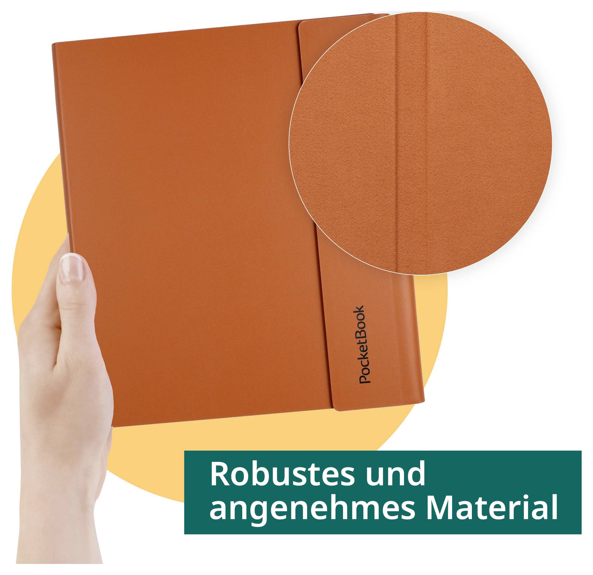 Ruka koja drži narančasty PocketBook e-čitač s bliskim prizorom koji ističe teksturirani, čvrsti poklopac; natpis glasi 'Robustan i ugodan materijal'.