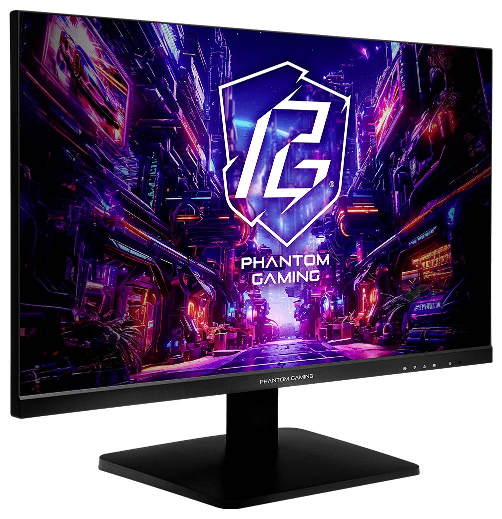 Monitor za računalo koji prikazuje neonsku cyberpunk logotipu "Phantom Gaming" i futuristički gradski pejzaž, prikazano na crnoj stalku.
