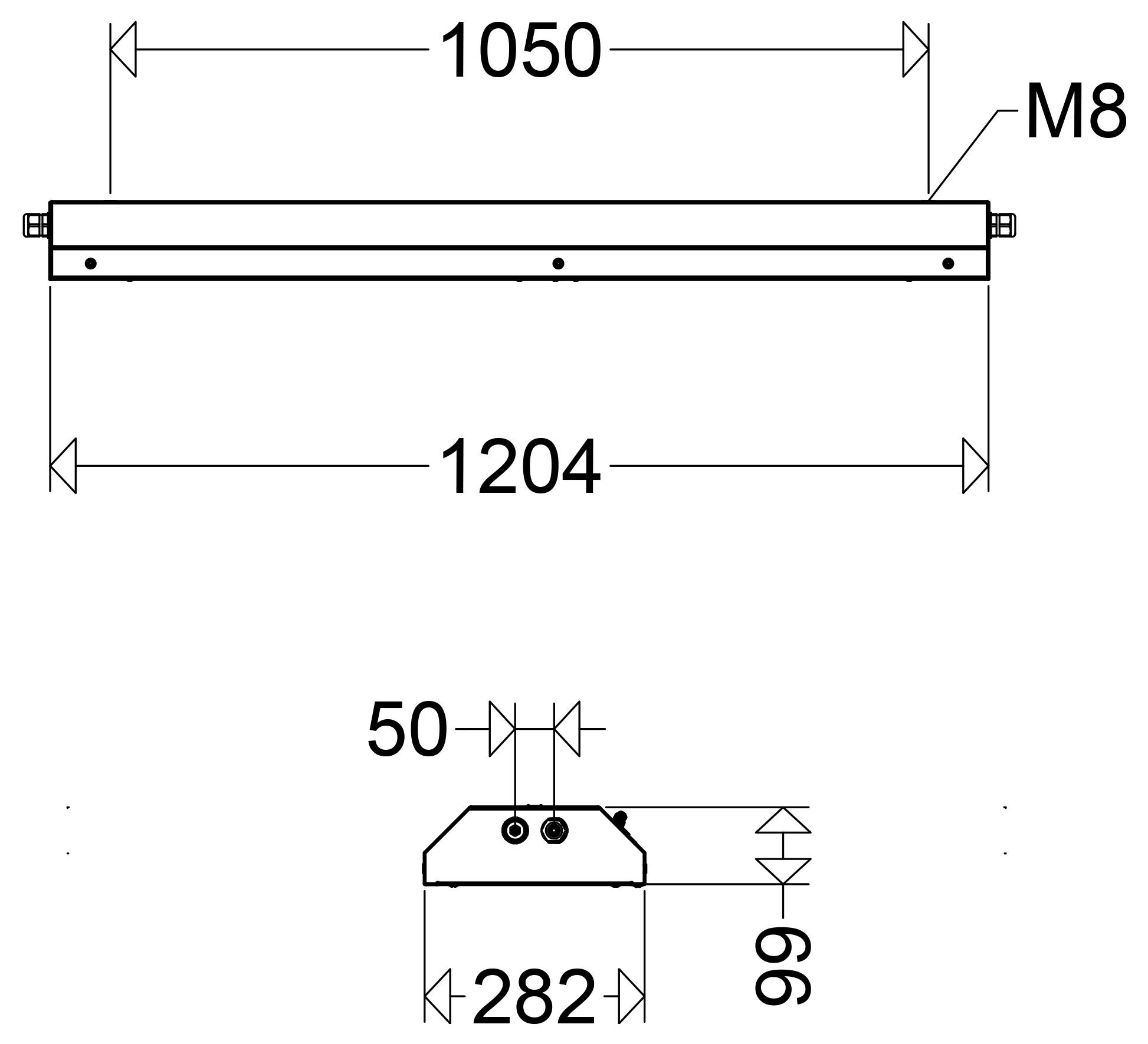 Tehnički crtež dugačke pravokutne metal komponente s dimenzijama 1204 mm duljina, 1050 mm gornji raspon, 282 mm širina, 99 mm visina, i M8 detalj montaže.