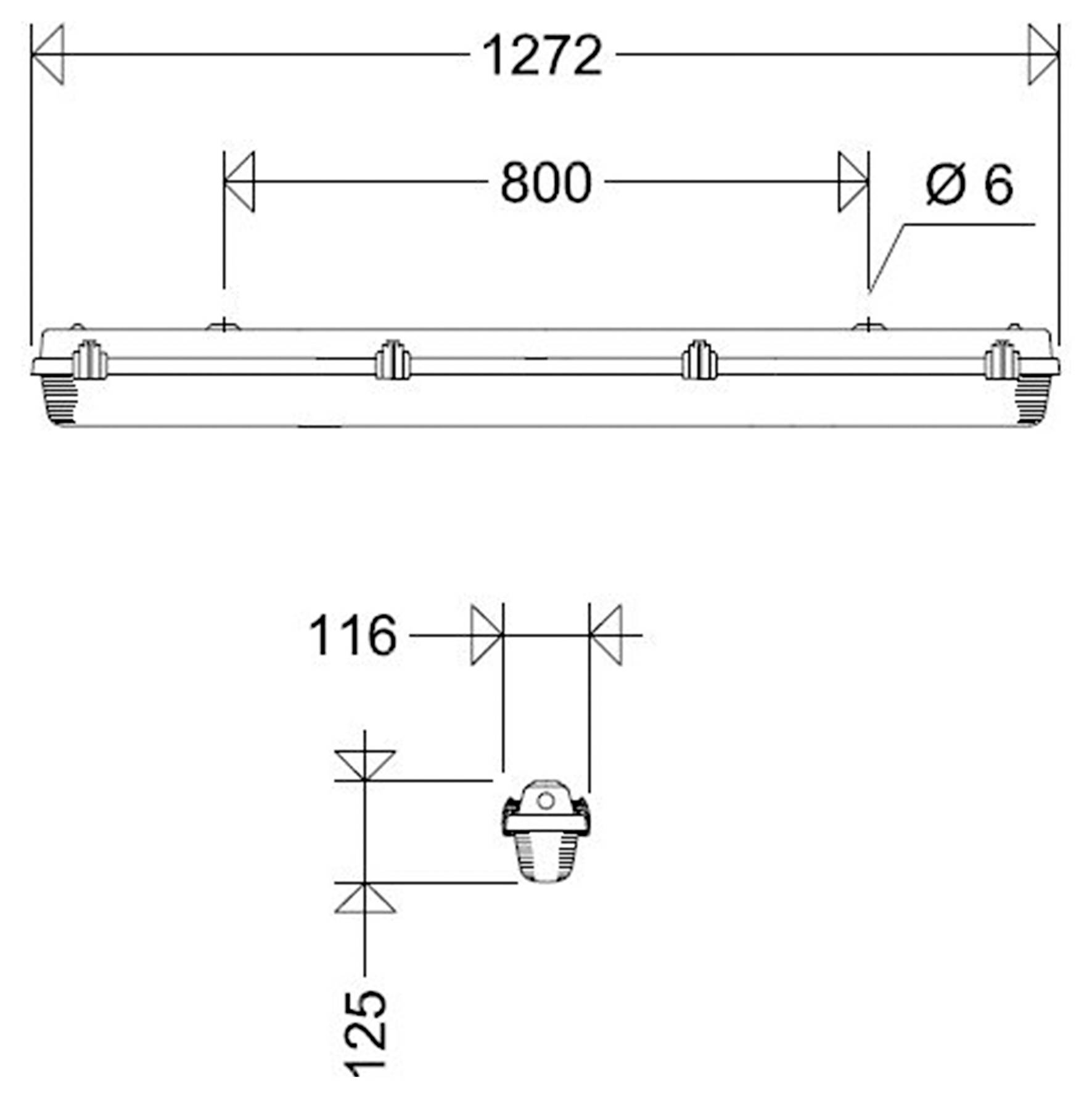 Tehnički crtež dugačke linearne armature koja pokazuje ukupnu duljinu 1272, raspon montaže 800, promjer rupe 6, te dimenzije bočnog pregleda 116 i 125.